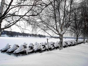 FIGURE 5--Snowmobiles lined up for large-scale snowmobile tours and safaris in Finnish Lapland in Rovaniemi on the banks of the Kemi River. Such tours which are primarily for tourists are strictly regulated with mandatory helmet wear and alcohol monitoring.