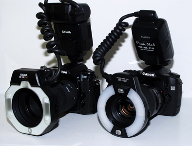 SLR camera body, macro lens, and macro flash systems from Nikon and Canon.