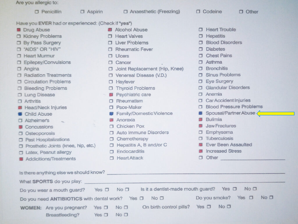 Medical history form, Personal files of Dr. Stechey showing three abuse question (blue) and 11 corollary potential abuse questions (red). 