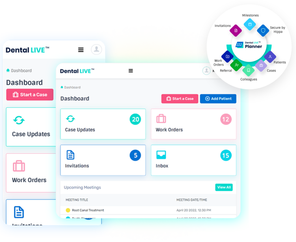 Centralized Dashboard consisting of notifications to Case Updates, Work Orders, Invitations, Inbox and more. DentalLiveTM Planner is a case management tool that offers case management through single dashboard. With Planner, Work-orders (lab-scripts) and Referrals are created and sent digitally. Milestones sets objectives and stays up to date across all patient cases.  
