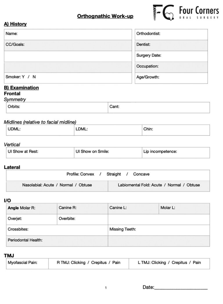 Example of an examination sheet used for orthognathic surgery.  