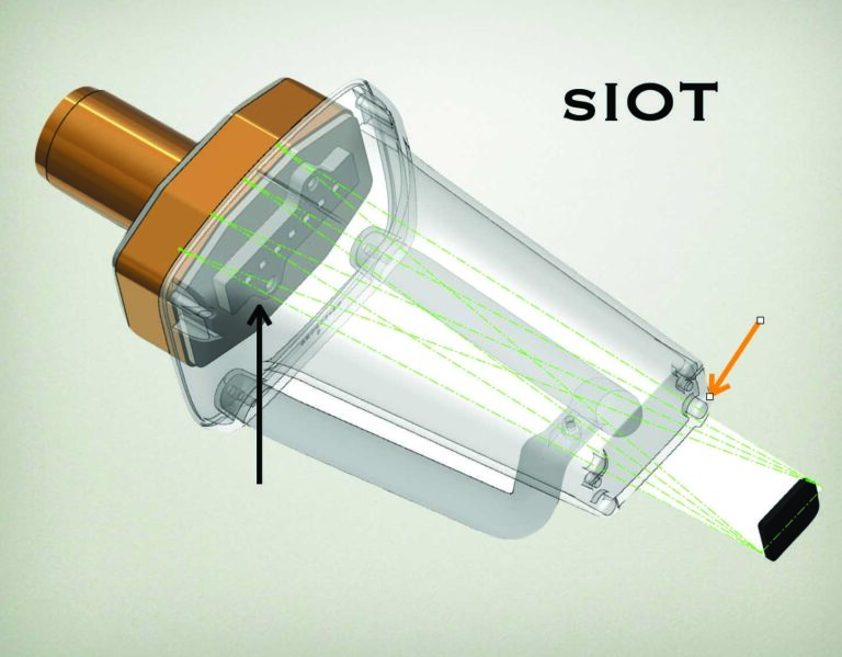 The black arrow is pointing to the carbon nanotube array housed within the unit. There are seven X-ray sources within the tube. A single exposure generates an image stack, allowing clinicians to slice through the teeth of interest in the buccal-lingual plane or rotate the teeth plus or minus six degrees to open interproximal contacts. The orange arrow points to the magnets at the end of the tube head. The magnets firmly attach the sensor to the tube head, allowing the computer to determine exact distances from the sensor in the buccal-lingual plane.