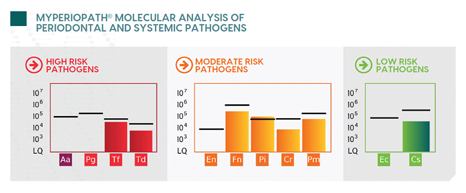 The result graphic displays the bacterial level in genome copies/milliliter in logi0 values. The limit of quantification (L0) is the lowest bacterial level that can be repeatedly measured (103). The Reference Lines, displaved as black lines on each bar araph, indicate the mean bacterial level observed in patients with chronic periodontitis AAP Stage I-Il. Reference Lines are not to be used as a basis of treatment.