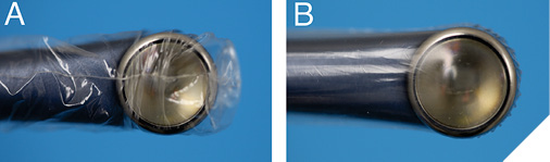 The infection control barrier in (A) is incorrectly applied and it will reduce the light output. The barrier should be well-fitting (B) with no creases or seams over the light tip.