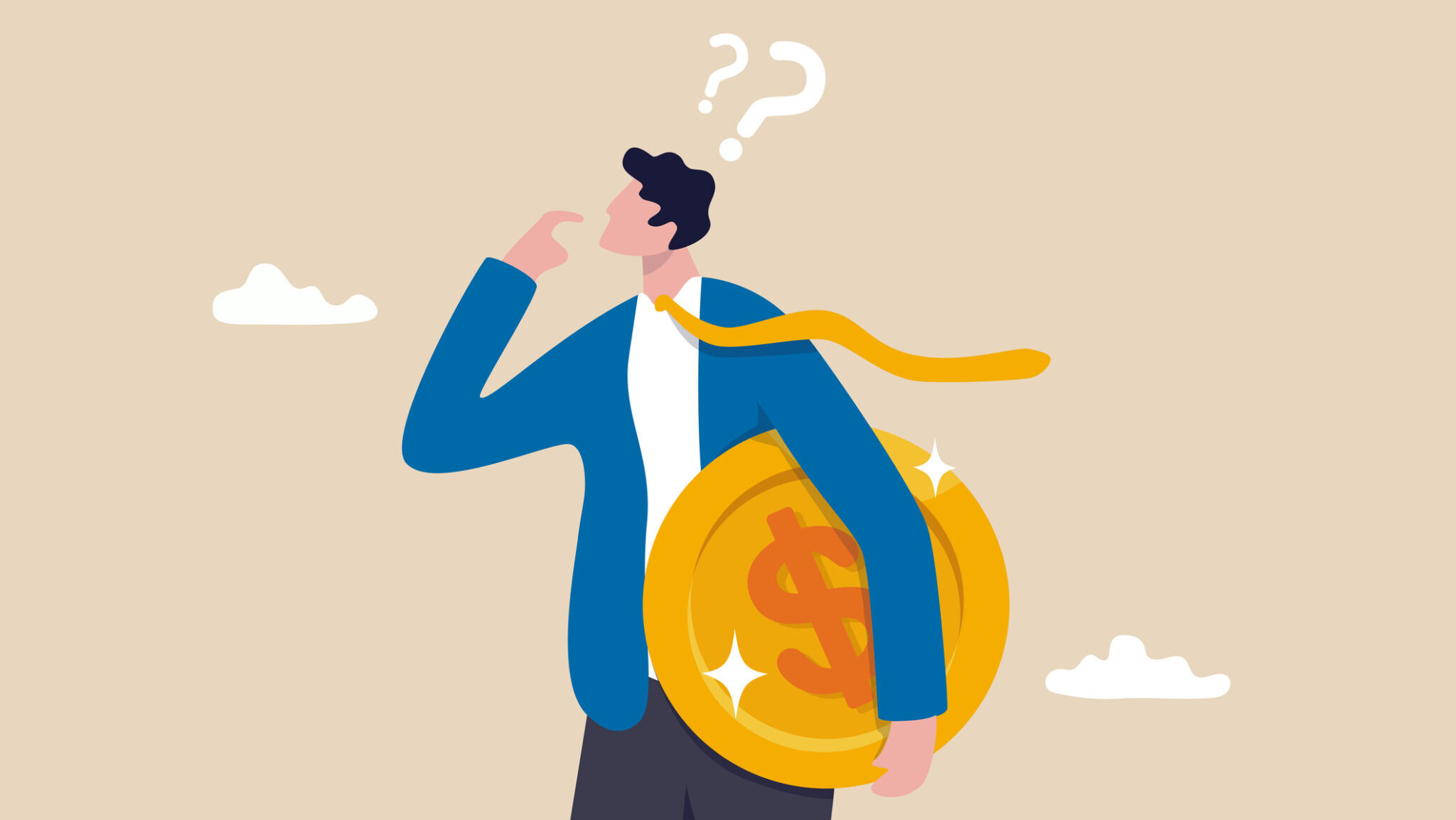 Money question, where to invest, pay off debt or invest to earn profit, financial choice or alternative to make decision concept, businessman investor holding money coin thinking about investment.
