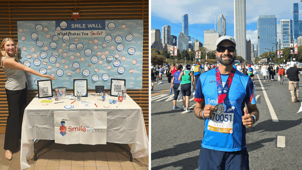 Sita Baham stands beside the “Smile Wall,” while Michael Dehal celebrates his medal after completing the 42-km Chicago Marathon despite a knee injury. (Photos supplied)
