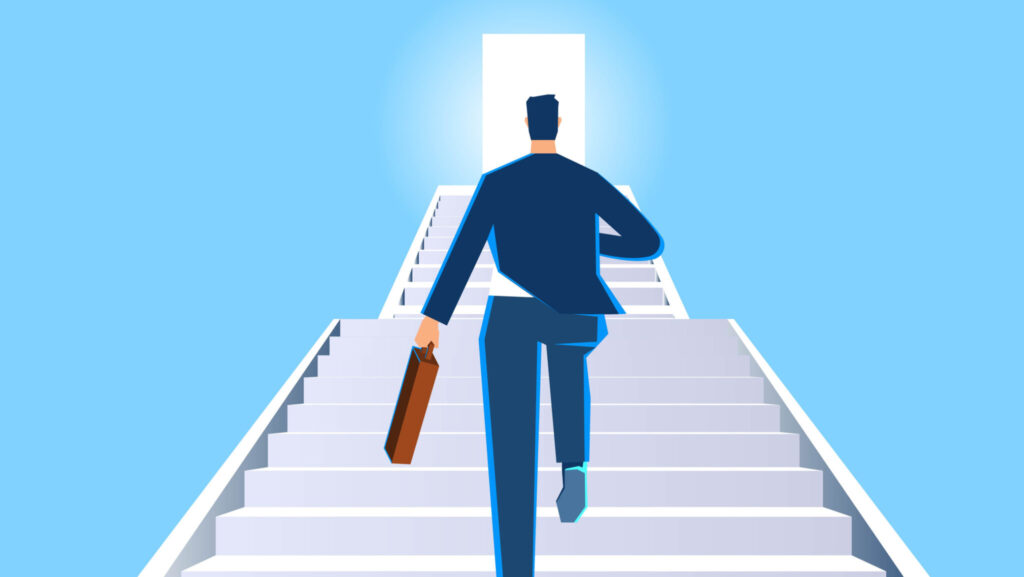 Challenging success, reaching the gates of success, achieving goals and business objectives, succeeding in business or career, active businessmen running towards the open doors