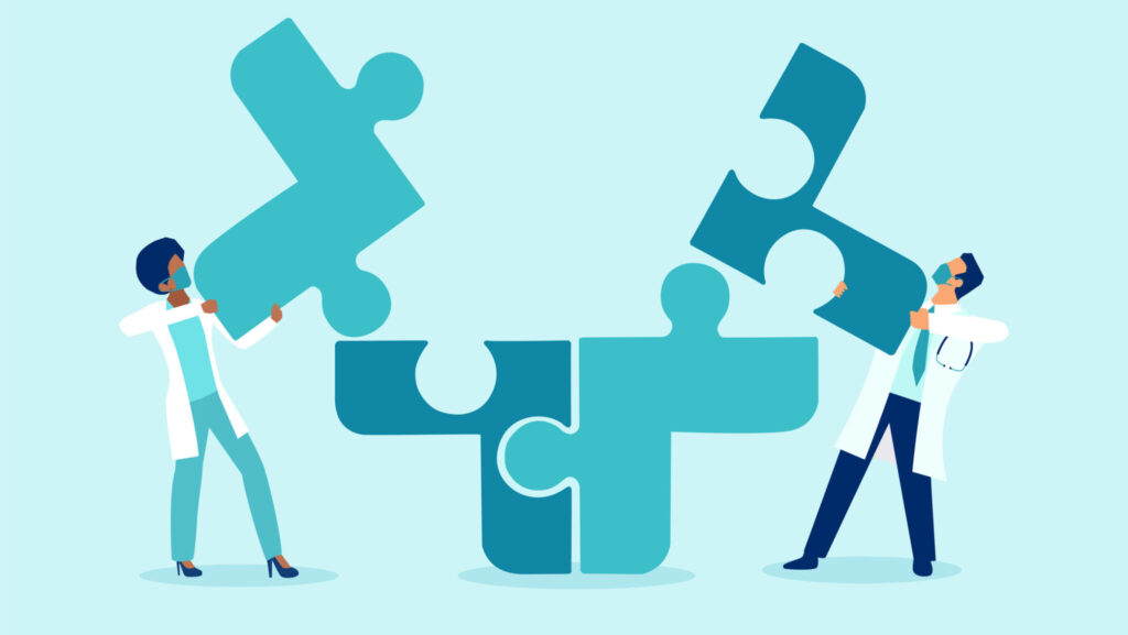 Vector of two doctors putting puzzle pieces together a symbol of team work and collaboration