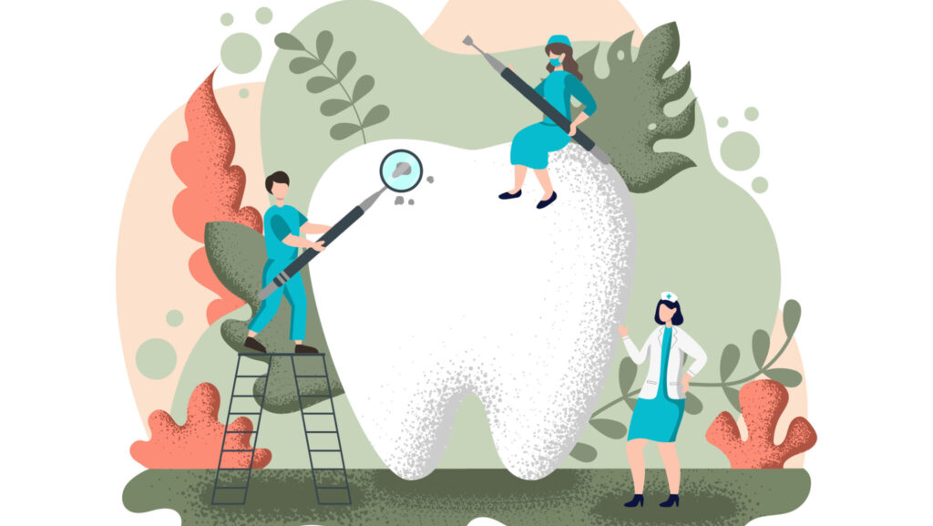 Dental Office Flat Color Illustration. Hospital interior with Workplace, Equipment, Instruments, Consultation, Treatment and Diagnosis Design