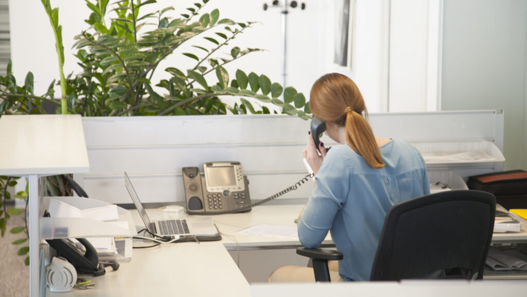 Young woman behind a counter talking on the phone. Receptionist, secretary or hospital clerk. View from behind.