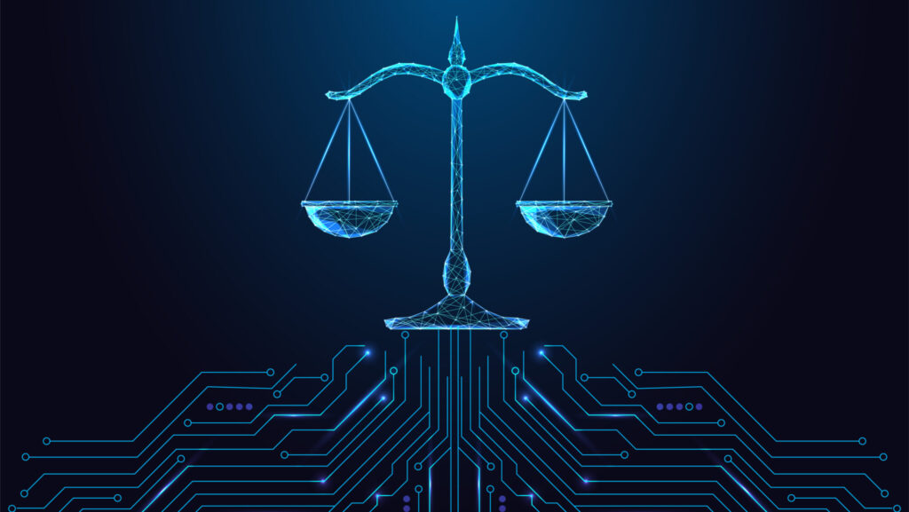 AI ethics, Legal technology and digital justice concept with glowing polygonal balance scale connected to circuit board on dark blue background. Futuristic low poly style, abstract vector illustration