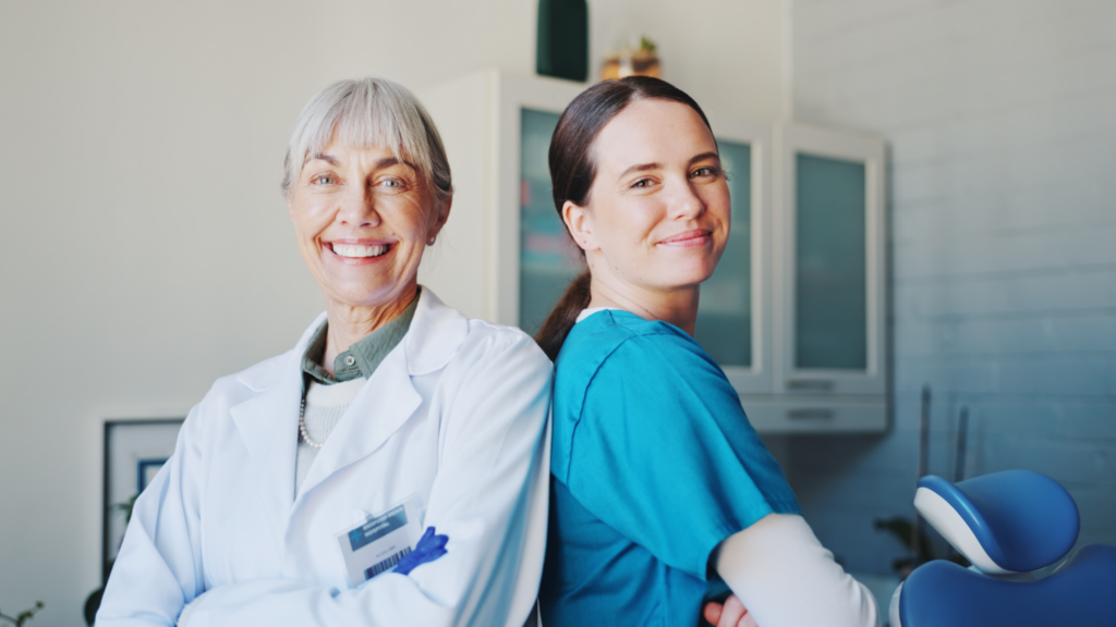 Dentist team, oral health or women with portrait, arms crossed or support with medical service. Dental care practice, professional or employee with smile, wellness or nurse for orthodontist or expert