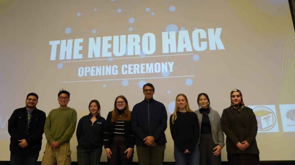 Members of The NeuroHack organizing team pose at the opening ceremony with keynote speaker Taufik A. Valiante from the Division of Neurosurgery, Department of Surgery, University of Toronto, during last year’s BMEC. (Photo supplied)