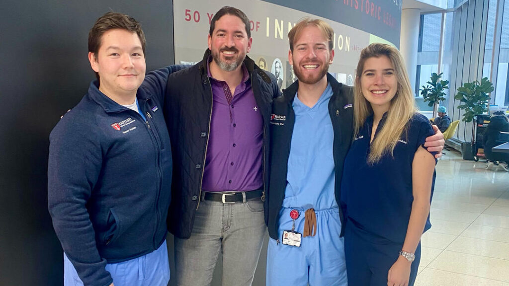Members of the research team (l–r): Samat Borbiev, DMD28; Fernando Guastaldi, assistant professor of Oral and Maxillofacial Surgery; Matthew Watt, DMD26; and Camila Tussie, DMD25, MMSc28. (Photo courtesy of Harvard)