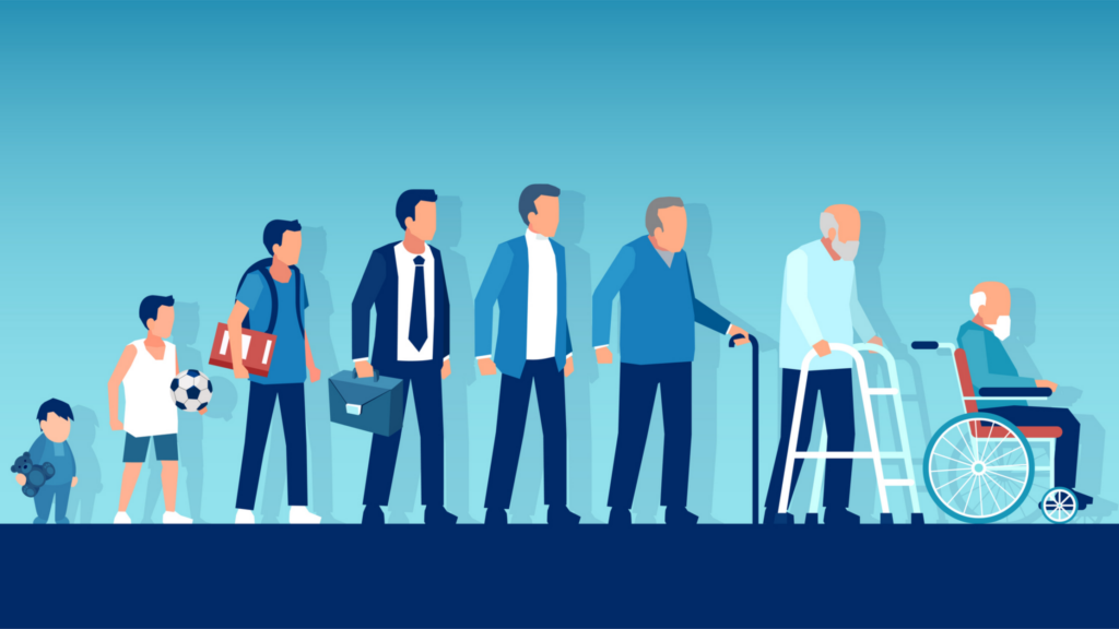 Different generations and life cycle concept. Vector of a growing up baby becoming adolescent, mature man and elderly disabled guy through age evolution stage