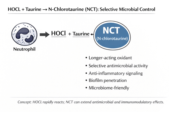 Formation of N-chlorotaurine (NCT) from HOCl and taurine illustrating selective, longer-acting antimicrobial and immunomodulatory activity distinct from traditional antiseptics. 