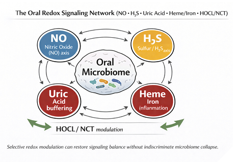  Integrated oral redox signaling network linking nitric oxide, sulfur metabolism, uric acid buffering, heme/iron inflammation, and selective modulation by HOCl/NCT.

