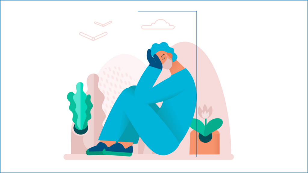 Tired overworked doctor or nurses sitting on the windowsill. Exhausted Healthcare worker. Coronavirus pandemic, Covid-19 quarantine.